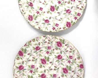 Lefton China Pink Rose Chintz Bread Plates 7.25&quot; Hand Painted Set of 2