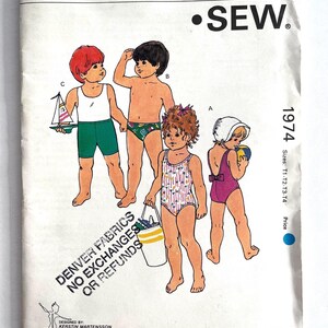 May include: A sewing pattern for children's swimwear. The pattern includes instructions for making a swimsuit, a pair of swim trunks, and a sun hat. The pattern is from Kwik Sew Pattern Co., Inc. and is for sizes T1-T2-T3-T4.
