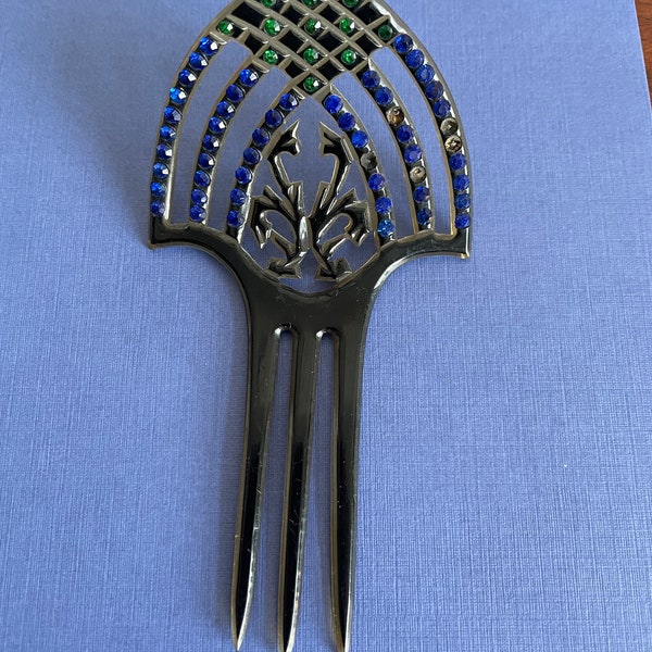 Vintage Art Deco Fan Hair Comb Celluloid With Green And Blue Rhinestones