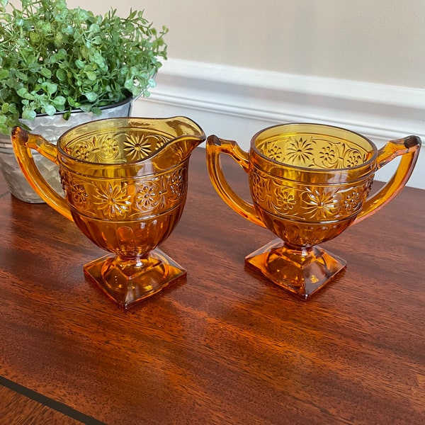 Indiana Glass Tiara Amber Daisy Glass Sugar Bowl & Creamer Set