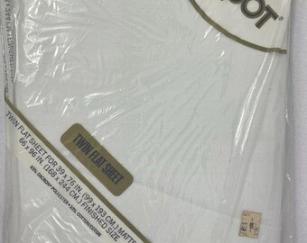 May include: A packaged white twin flat sheet. The label reads "PEQUOT" and "Twin Flat Sheet for 39 x 76 in. (99 x 193 cm.) mattress". The sheet is 66 x 96 in. (168 x 244 cm.) finished size and made of 65% Dacron polyester and 35% cotton.