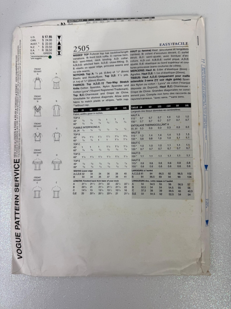 May include: A vintage Vogue pattern envelope, size 10-18, featuring illustrations of tops. The pattern includes instructions for making various styles with different necklines and sleeve lengths. The envelope is slightly worn.