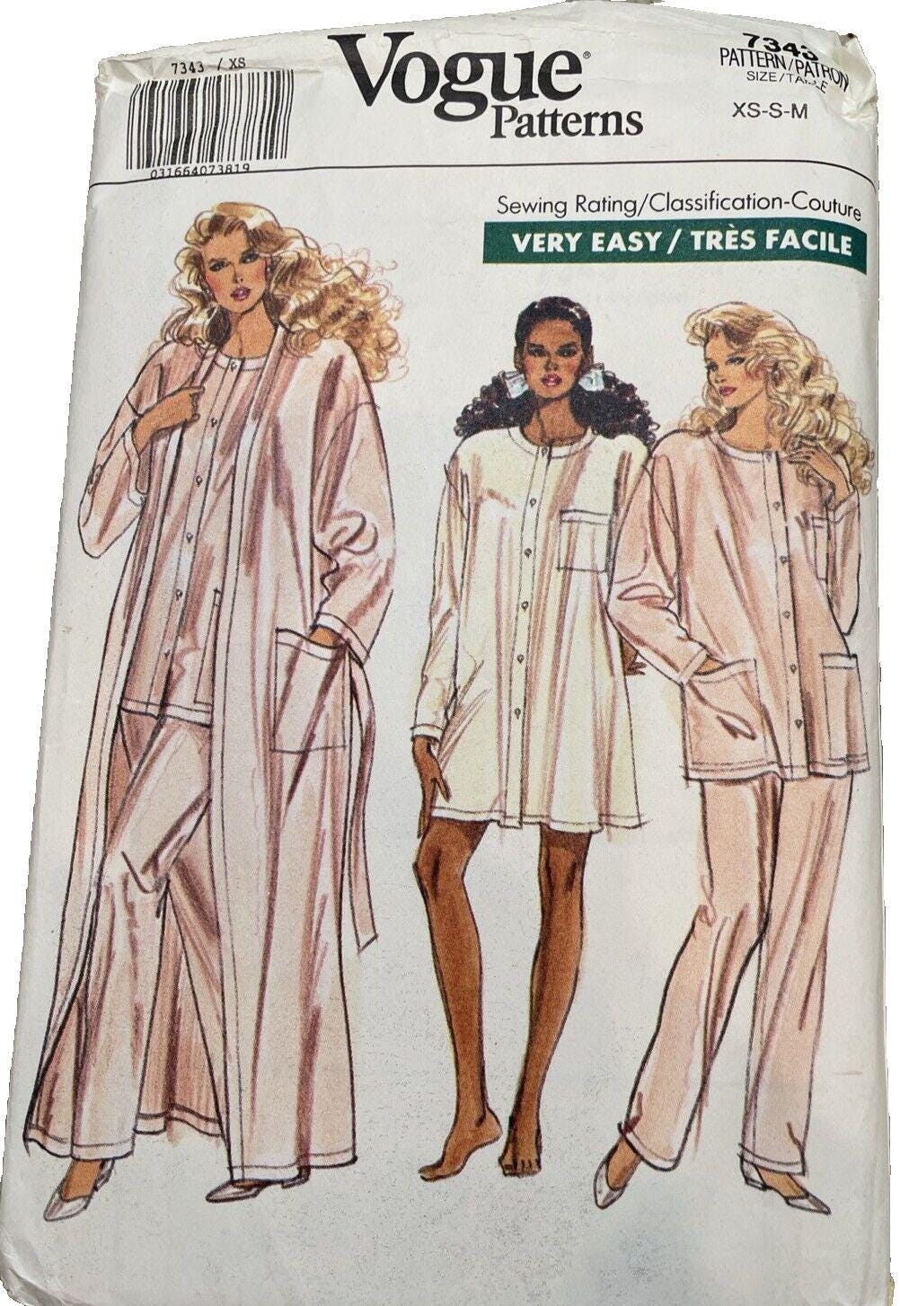 vogue レイニー Vogue 7343 Misses' Very Easy Top Pants Nightshirt Robe XS
