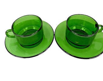 Vereco France Green Glass Coffee Tea Cup & Saucer MCM Vintage Set Of 2