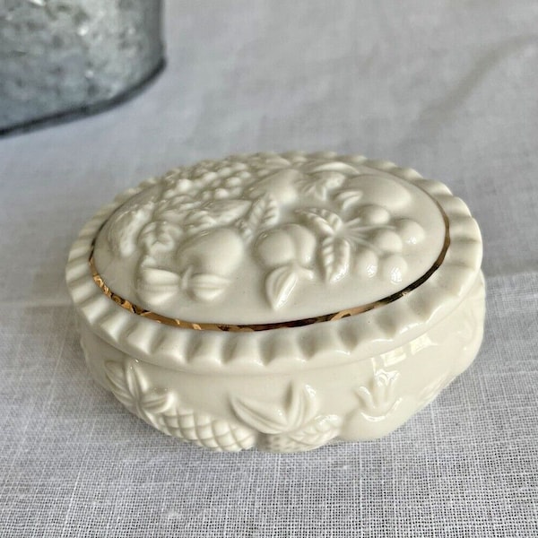 Vintage Lenox 1998 Trinket Box Porcelain Fruits of Life Lid Oval Cream Gold Trim