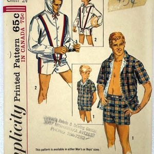 May include: Vintage Simplicity printed pattern for boys' clothing, size 6, chest 24 inches. The pattern features illustrations of a hooded jacket and shorts set, and a plaid shirt and shorts set. The pattern is available in either Men's or Boys' sizes.