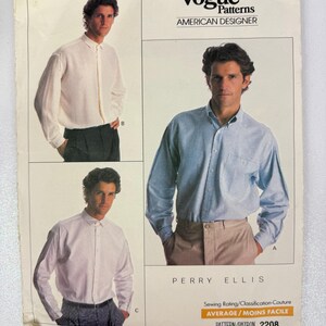May include: Vogue Patterns sewing pattern featuring a Perry Ellis design. The cover displays three images of a man wearing button-down shirts in white, light blue, and lavender. The text on the cover reads "AMERICAN DESIGNER" and "AVERAGE / MOINS FACILE."