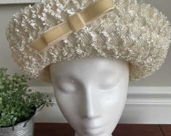 Vintage Mr. Paul Formal Off White Straw Breton Hat With Ribbon Bow