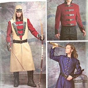 May include: Simplicity sewing pattern number 8235 for a men's costume. The pattern includes three different looks: a red jacket with black trim, a long beige coat with a red vest, and a long blue coat with gold buttons. The pattern is for sizes US 46-52, Euro 56-62, and French 56-62.