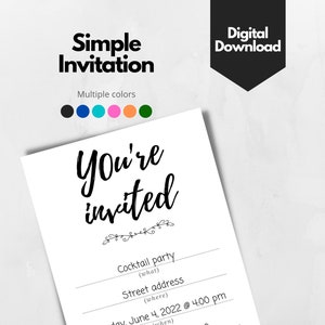 Op de afbeelding: Een afdrukbare uitnodigingstemplate met de tekst "You're invited" in een handschriftlijk lettertype. De uitnodiging is voor een cocktailparty en bevat ruimte om de details in te vullen, zoals de datum, tijd, locatie en RSVP-informatie. De template is 5 x 7 inch.