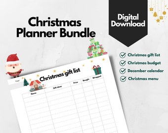 May include: A white Christmas Planner Bundle with the text "Christmas Planner Bundle" and "Digital Download". The planner includes a Christmas gift list, budget, December calendar, and menu. The paper size is US Letter, 8.5 x 11 in.