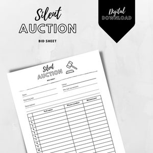 Silent Auction Bid Sheet And Receipt / Printable Bid Sheet / Bidding Form / Printable Auction Bid Form / Receipt Form / Auction Paddle