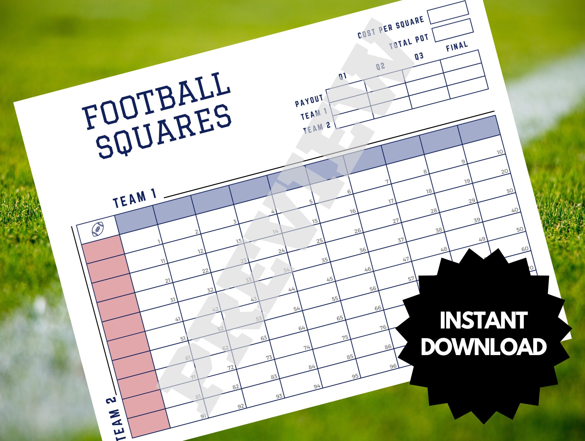 Printable Football Game Squares 100 Squares Football Pool - Etsy