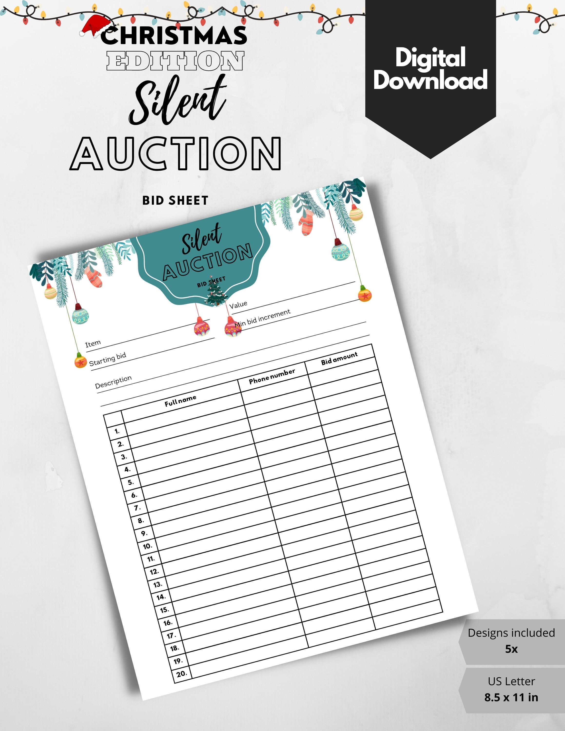 Christmas Silent Auction Bid Sheet and Receipt / Printable Bid Sheet