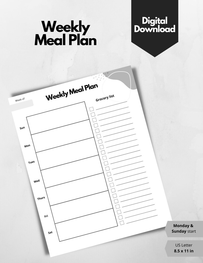 Weekly Meal Plan / Printable Meal Planner / Meal Plan / Grocery List / Minimal Meal Planner