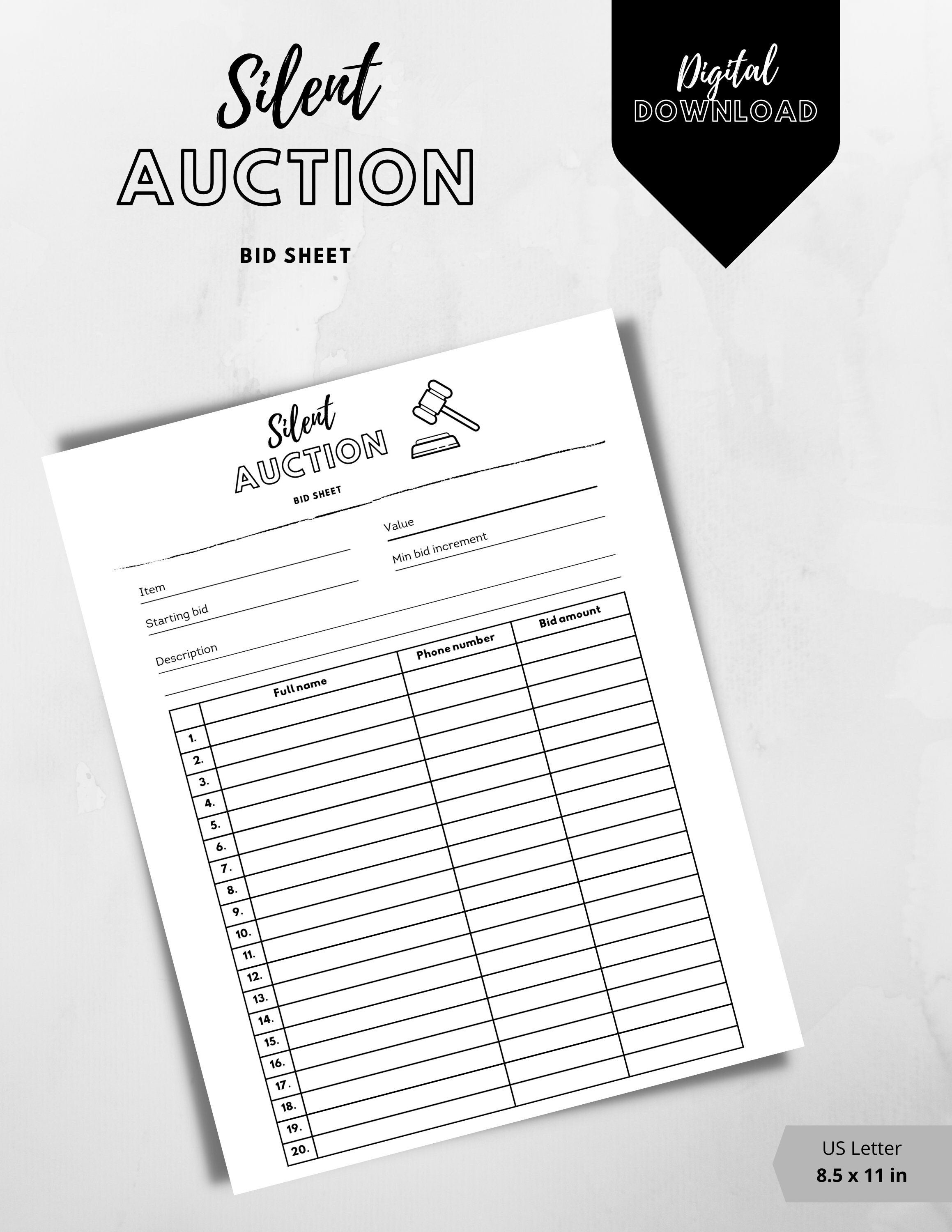 Silent Auction Bid Sheet and Receipt / Printable Bid Sheet / Etsy