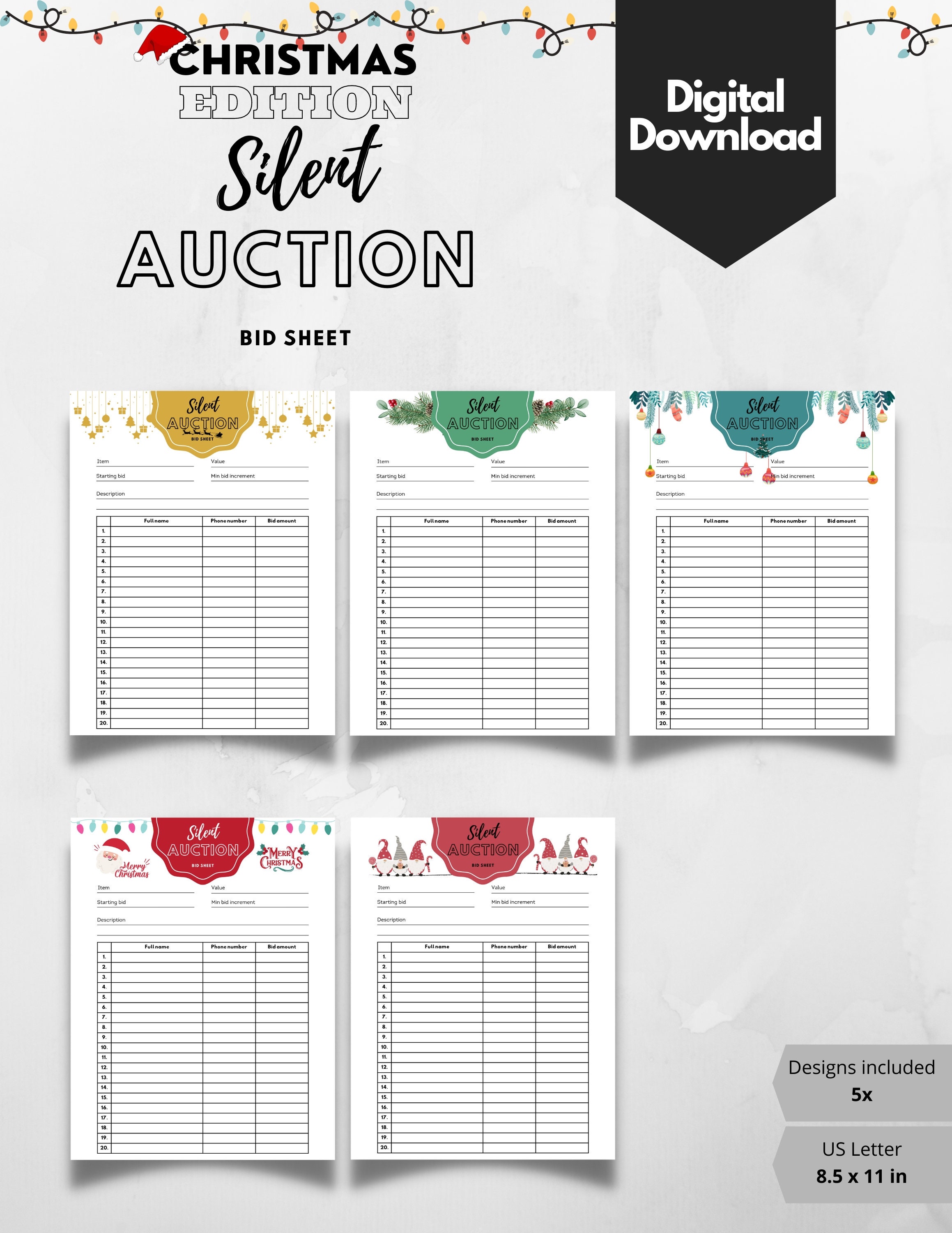 Christmas Silent Auction Bid Sheet and Receipt / Printable Bid Sheet