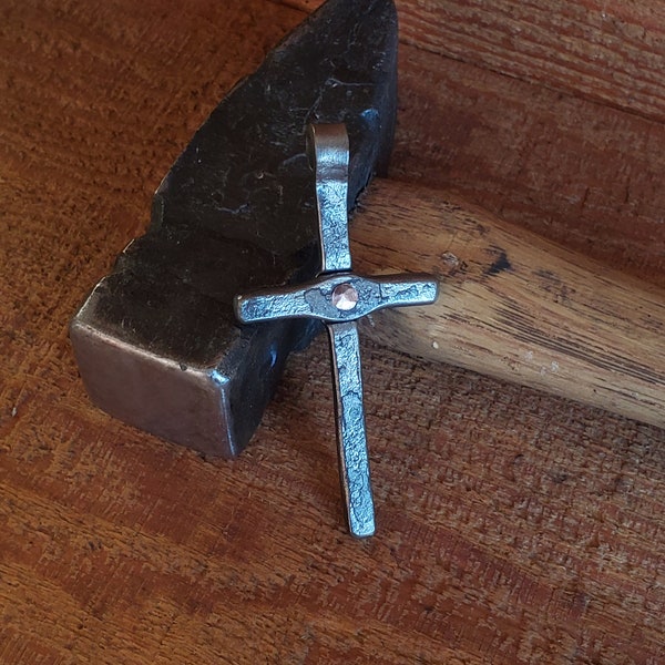 Hand forged cross necklace made out of steel and copper / iron cross pendant / handmade cross jewelry