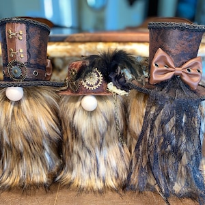 SteamPunk gnome! Two brown hats!  Top hat w leather bow n black lace in back!  Derby hat with lace, rose n chain. Super fun. Made with Love!