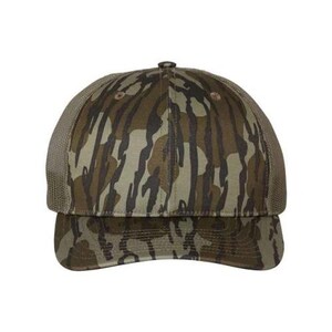 May include: A camouflage baseball cap with a curved peak and a mesh back. The cap features a pattern of brown, green, and tan colours. The cap has a button on top.