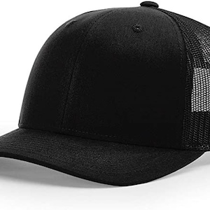 May include: A black baseball cap with a curved brim and a mesh back. The cap has a solid front panel and a button on top. The mesh back allows for ventilation. This hat is a classic accessory for casual wear.