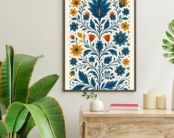 Large Scandinavian Wall Art - Scandi Style - Blue Floral Folk Design for Boho Living Room - Housewarming Gift - Gallery Wall - Home Decor