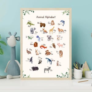 Póster imprimible del alfabeto de animales - Arte mural con el alfabeto para habitación infantil y guardería - Animales del zoológico en acuarela - Descarga digital educativa en PDF - Regalo