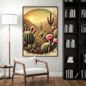 Blühender Fasskaktus Poster - Sonoran-Wüste Boho Vintage Wandkunst - Südwestliches Naturposter - Tucson Phoenix - Wohnkultur - Vintage
