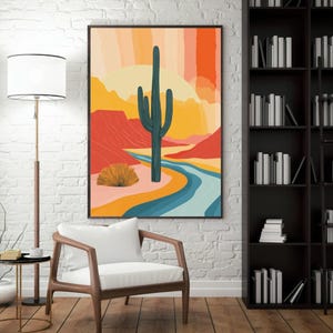Vintage Reise Wandkunst - Minimalistisches Landschaftsposter - Buntes Zuhause und Büro Dekor - Großes modernes Kunstwerk für die Galerie - Arizona Kaktus - AZ