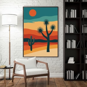 Wüsten-Wandkunst - Joshua Baum - Retro Wüsten-Druck - Boho Southwest Dekor - Kaktus und Sonnenuntergang Poster - Arizona Landschaft - Midcentury modern