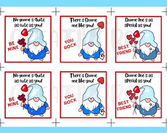 Tarjetas de Gnomo del Día de San Valentín imprimibles- Archivo PDF descargable - Tarjetas de San Valentín de la escuela para niños- Imprimir y cortar - Lindas tarjetas de San Valentín de Gnomo Azul