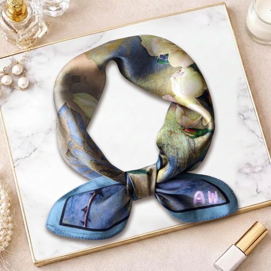 Initial Scarf Personalized Floral Silk Scarf With Embroidered Initial Patch, Custom ...