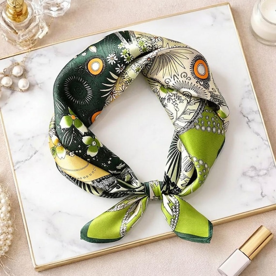 Green Floral Square Scarf 53cm, Women