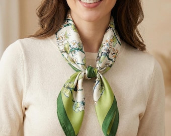 Mulberry Silk Scarf – Botanical Garden Print Neckerchief, Hair Wrap