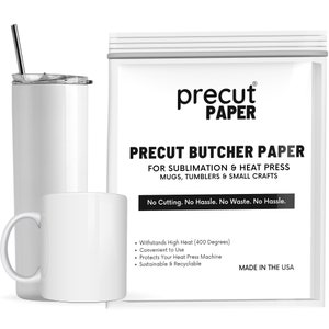 May include: White precut butcher paper for sublimation and heat press mugs, tumblers, and small crafts. The package includes the text "precut PAPER" and "No Cutting. No Hassle. No Waste. No Hassle."  The paper is made in the USA and withstands high heat up to 400 degrees.