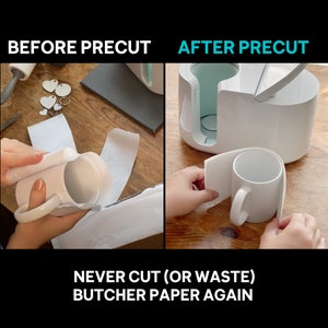 May include: A white mug is shown before and after being wrapped in pre-cut butcher paper. The text "BEFORE PRECUT" and "AFTER PRECUT" is displayed above the images. The text "NEVER CUT (OR WASTE) BUTCHER PAPER AGAIN" is displayed below the images.