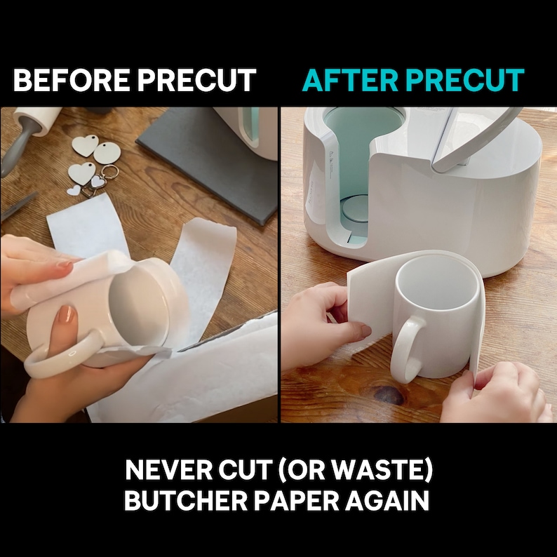 May include: A white mug is shown before and after being wrapped in pre-cut butcher paper. The text "BEFORE PRECUT" and "AFTER PRECUT" is displayed above the images. The text "NEVER CUT (OR WASTE) BUTCHER PAPER AGAIN" is displayed below the images.