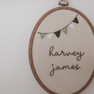 Hand Embroidered BUNTING BANNER Custom Name Hoop | Personalized Baby Gift | Nursery Decor