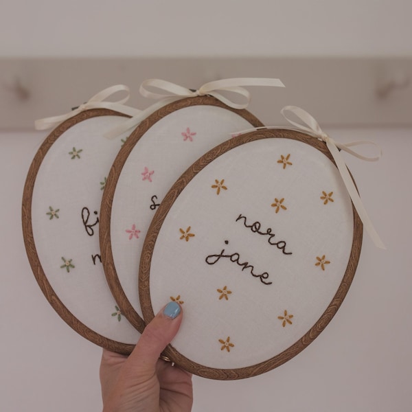 Hand Embroidered FLORAL Custom Name Hoop | Personalized Baby Gift | Nursery Decor 5 x 7