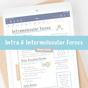Peut inclure: Un guide d'étude sur les forces intra et intermoléculaires. Le guide comprend un schéma d'une liaison covalente polaire, un schéma d'une substance moléculaire covalente et un schéma d'une substance ionique. Le guide comprend également du texte expliquant les différents types de liaisons et de forces.