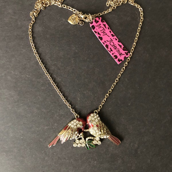 Collier couple d'oiseaux en strass, bijoux vintage Betsey Johnson