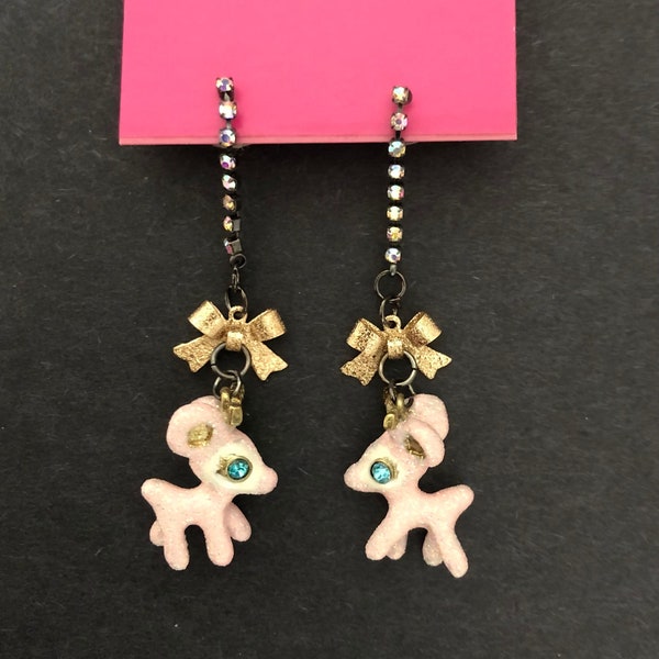 Baby pink deer with glitter earrings Betsey Johnson vintage jewelry