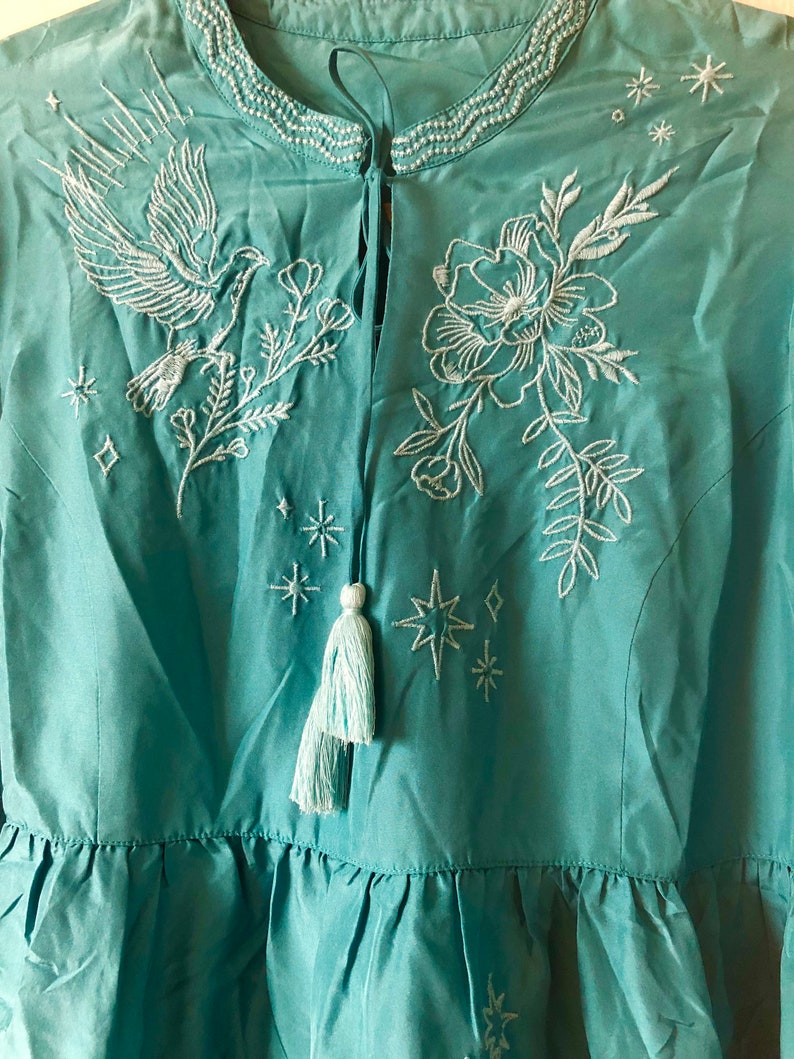 Johnny Was Embroidered Bluey-green Dress 100% Silk New Without Tag and ...