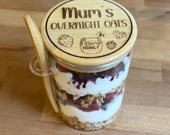 Personalised Overnight Oats Jar with Spoon | Custom Lid Breakfast Pot