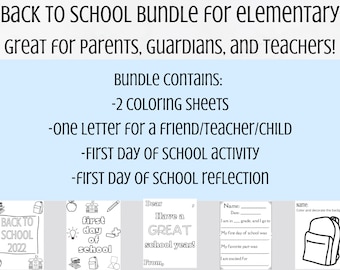May include: Black and white printable back to school bundle for elementary students. The bundle includes two coloring sheets, a letter for a friend or teacher, a first day of school activity, and a first day of school reflection.