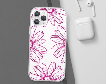 May include: A clear phone case with a white background and a pink daisy pattern. The case is designed for an iPhone.