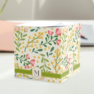 Personalized Floral Sticky Note Cube: Monogrammed Memo Pad, Desk Organizer