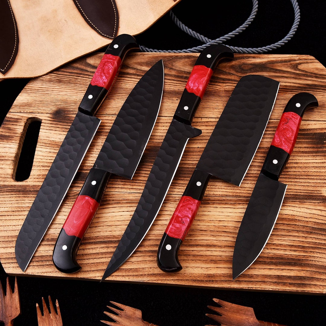 Chef Knife Set, Rose Design, Kitchen Knives, Chef Knife With Leather Roll, Hand Forged Knife Set ...