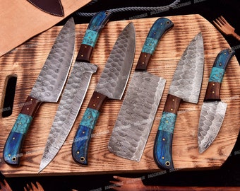 Handmade Chef Knife Set 6 pcs, Damascus Knive, Turquoise Gemstone, Rose & Pakka Wood Handle Chef Set, Kitchen Knife Set, Wedding Gift