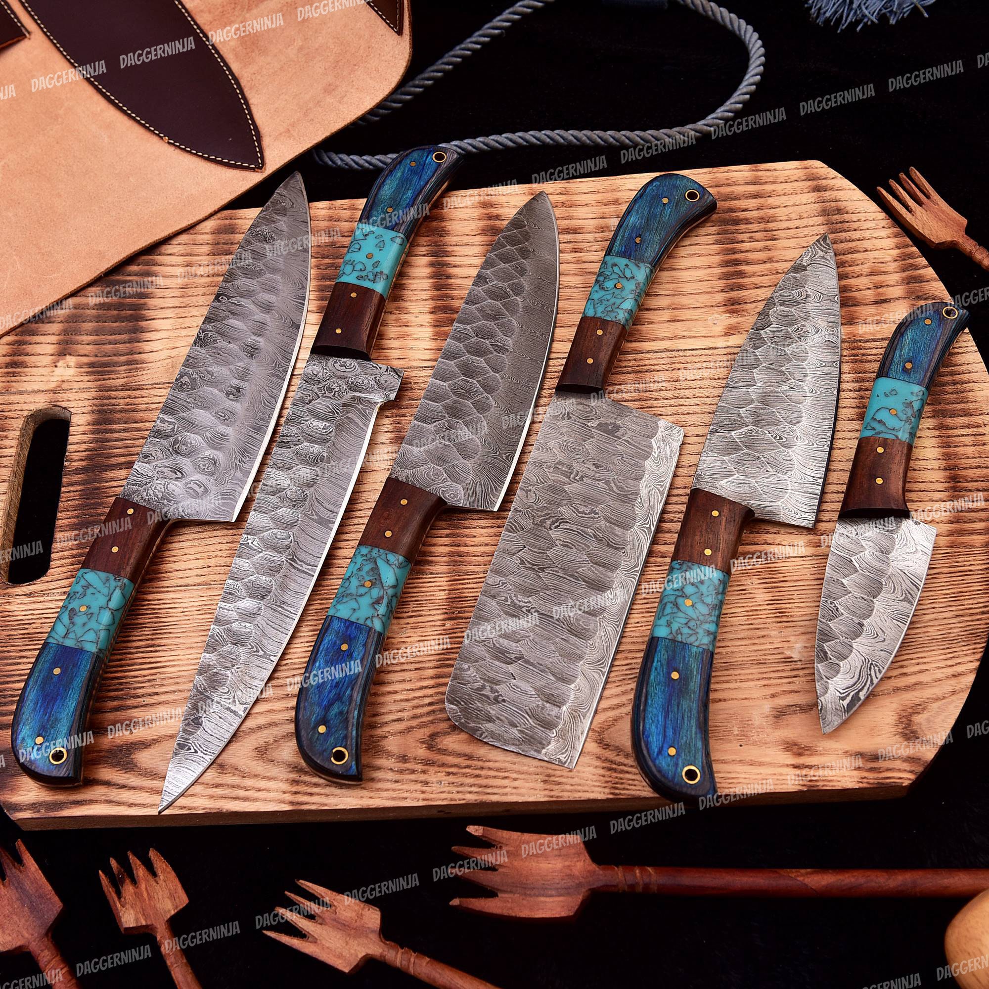 4 pieces meat slicing knife set, 40 inches long hand forged twist pattern  Damascus steel blade, Natural Camel bone scale with steel bolsters,  includes leather travel bag 